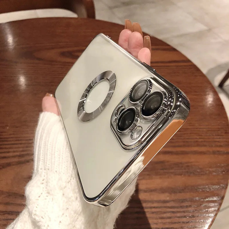 Transparent electroplated silicone iPhone case with built-in camera lens protector in multiple colour options.