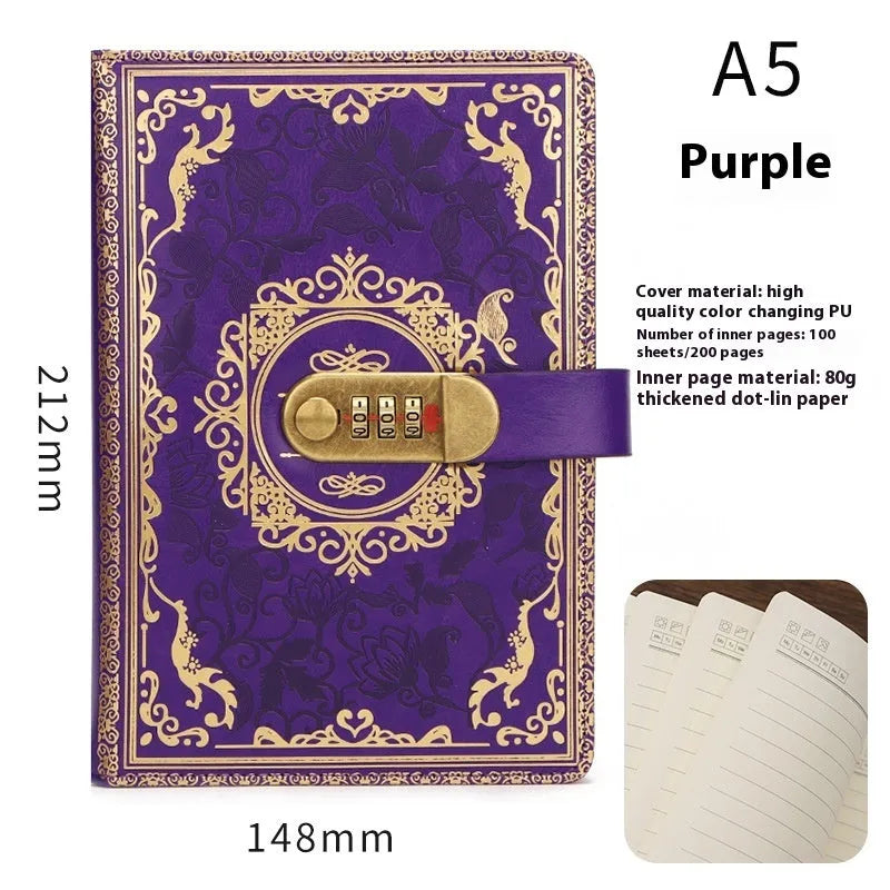 Thickened creative A5 password diary with lock, blue imitation leather cover, business office notebook