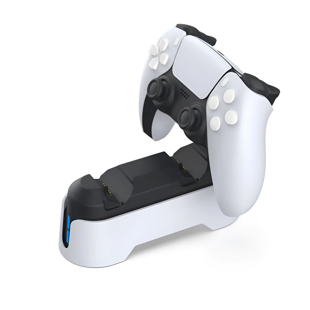 Gray PS5 dual-seat gamepad charger with display light and TYPE-C interface on a desk