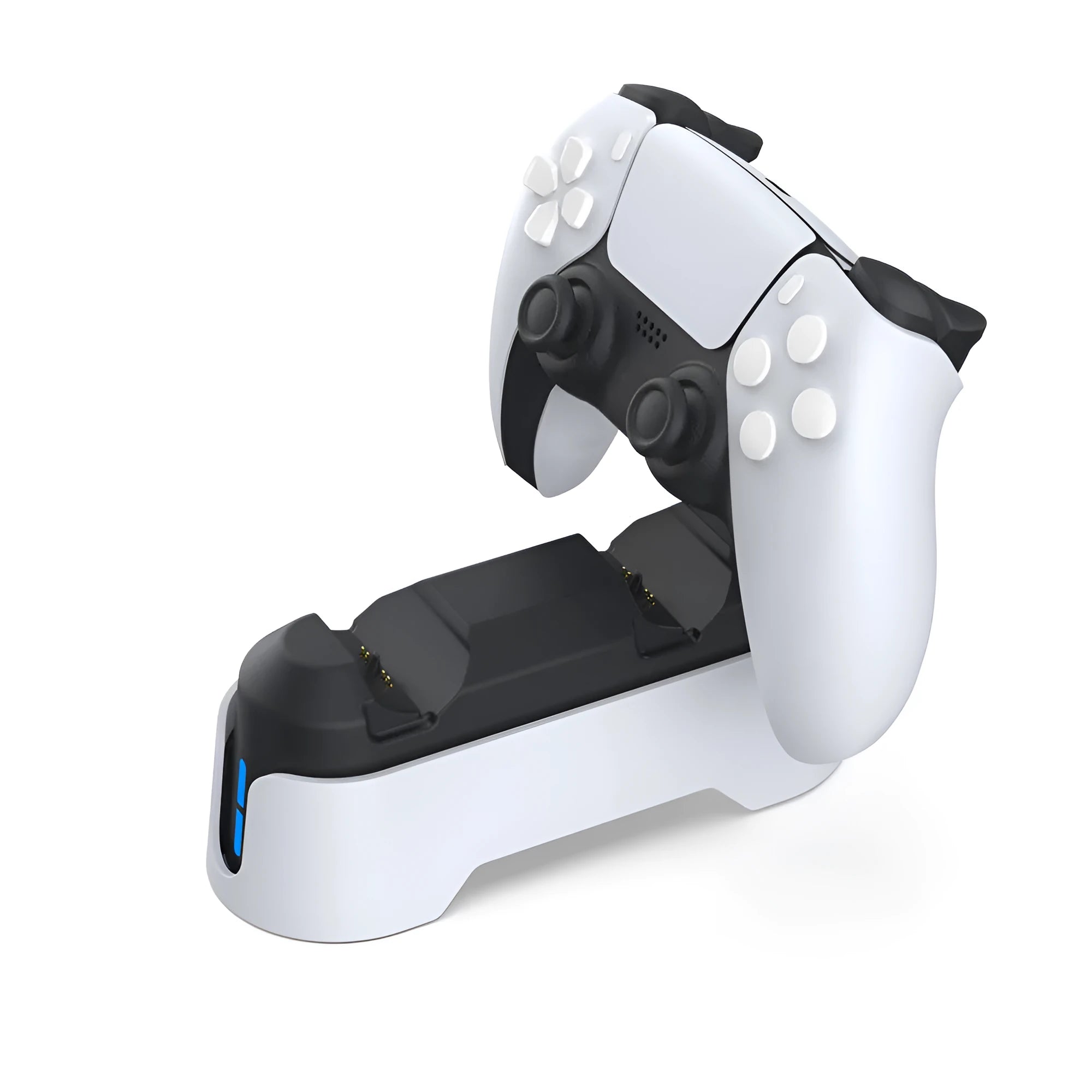 Gray PS5 dual-seat gamepad charger with display light and TYPE-C interface on a desk