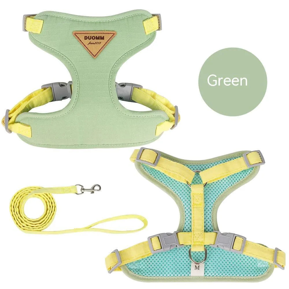 Mesh dog harness chest strap and traction rope set in beige, blue, green, yellow for small dogs sizes XS to L