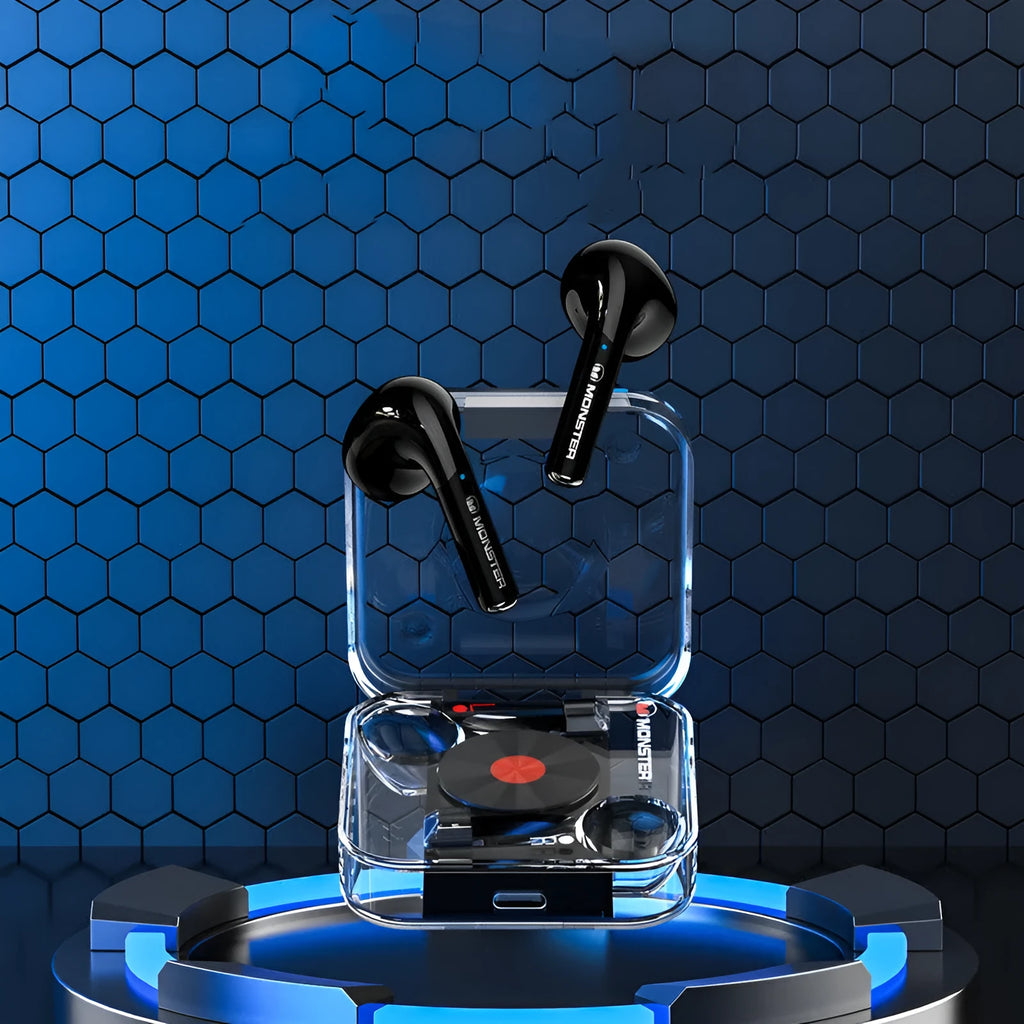 New wireless Bluetooth headset in transparent black with earplug design