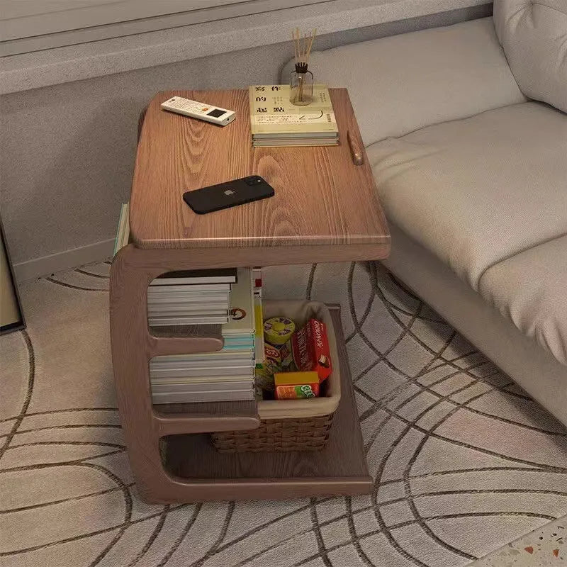 Movable solid wood side cabinet on wheels, walnut colour, 40cm wide, with bedside lamp and book