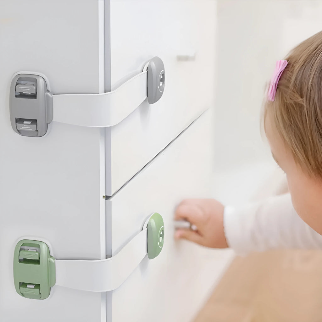 Adjustable child safety cabinet lock with strap and 3M adhesive backing