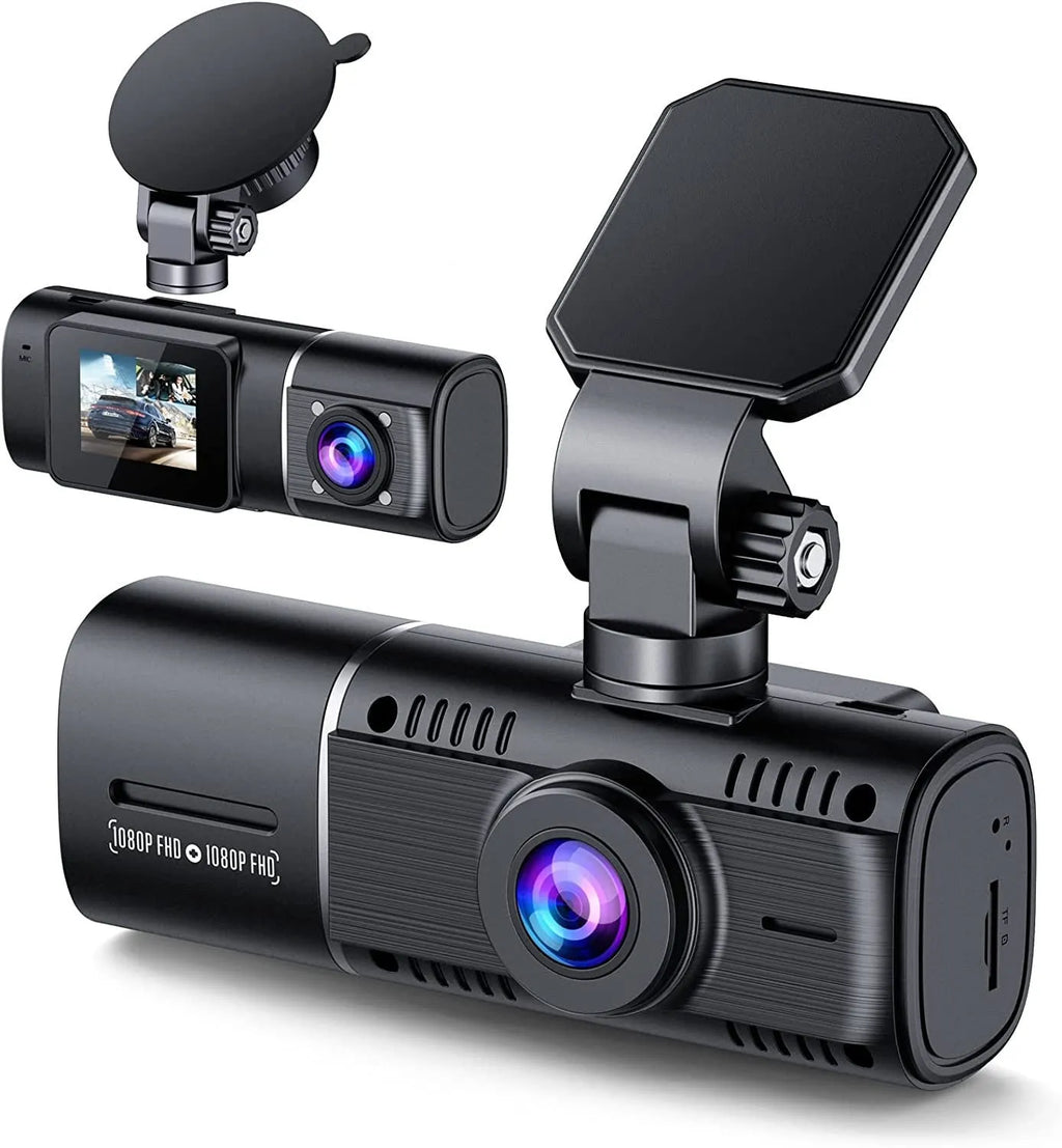 Standard black 1080p dashcam with 1.5-inch screen, showing car charger and stand accessories.