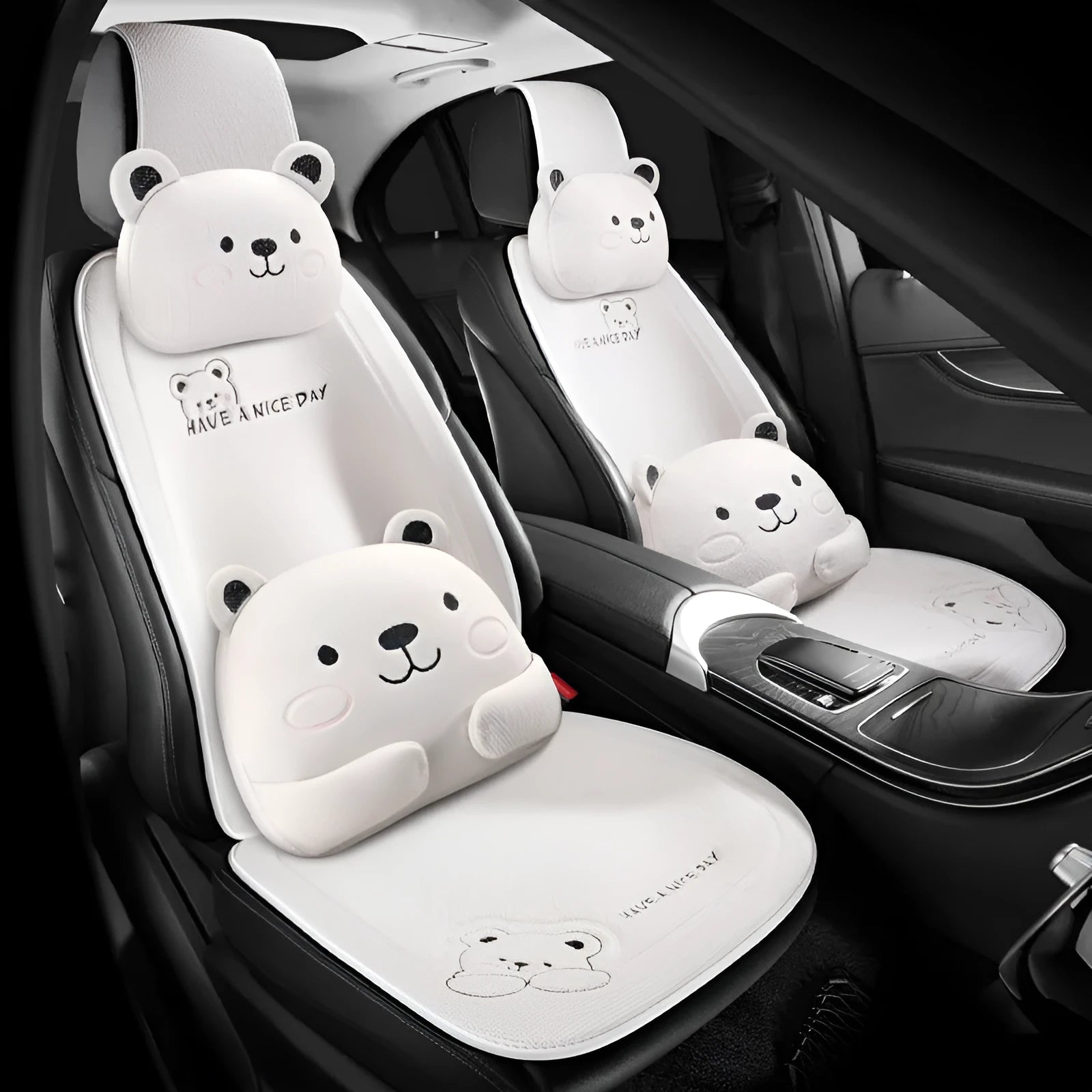 Car seat cushion set with lumbar support pillow and headrest cushion in cure bear linen fabric