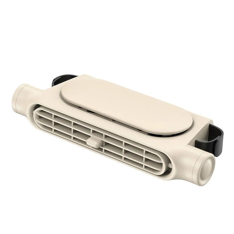 USB plug-in car fan with Velcro straps mounted on a car seat headrest in beige colour.