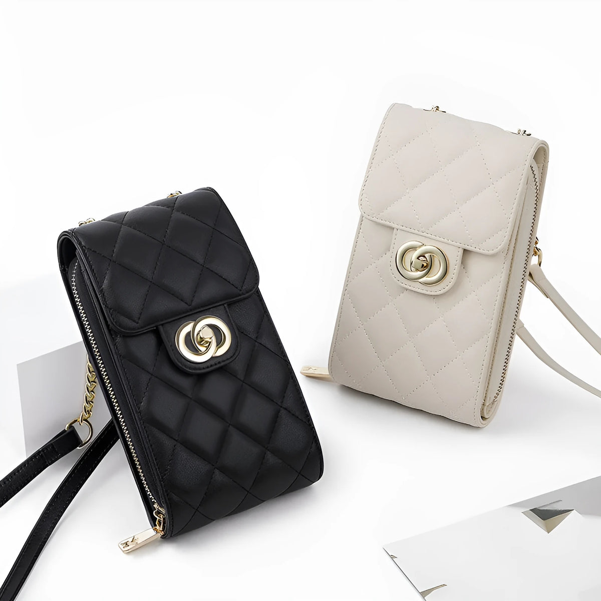 Women's genuine leather mini messenger bag in black with rhombus pattern and single shoulder strap