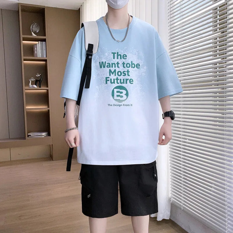 Boys blue Jacquard print letters T-shirt with drop-shoulder short sleeves