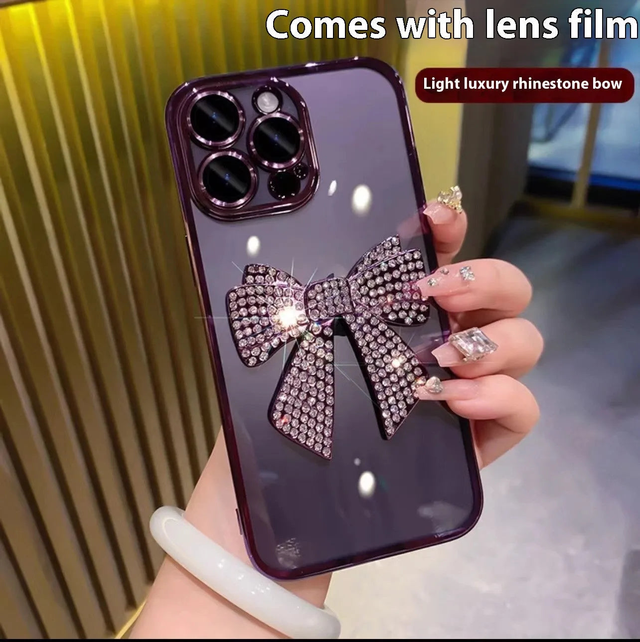 Electroplating diamond bow phone case with lens protector for iPhone in pink and silver TPU finish