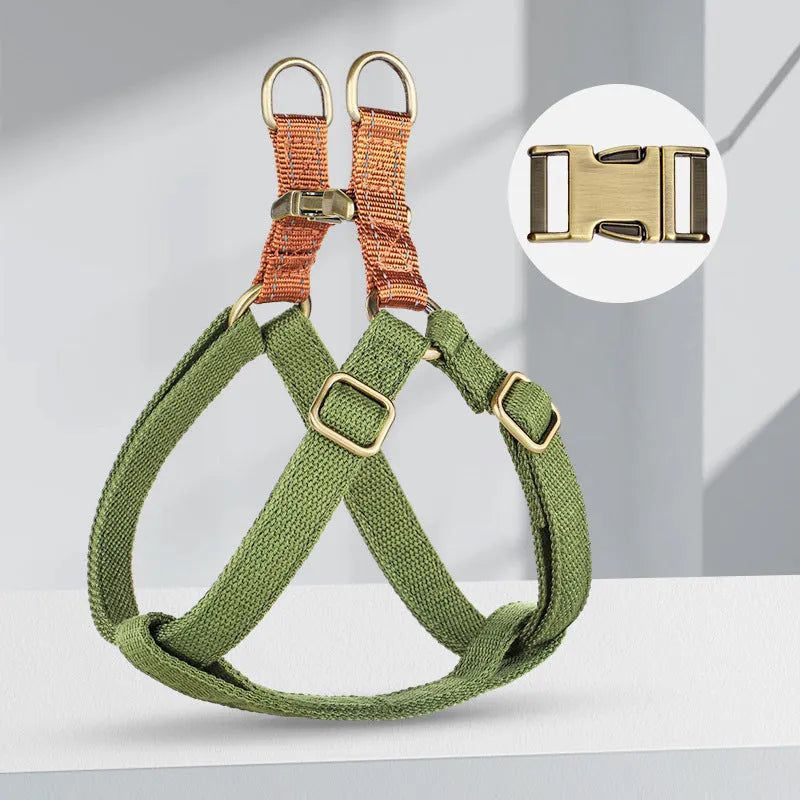 Brown vest-style dog leash with cotton belt and nylon construction on small dog