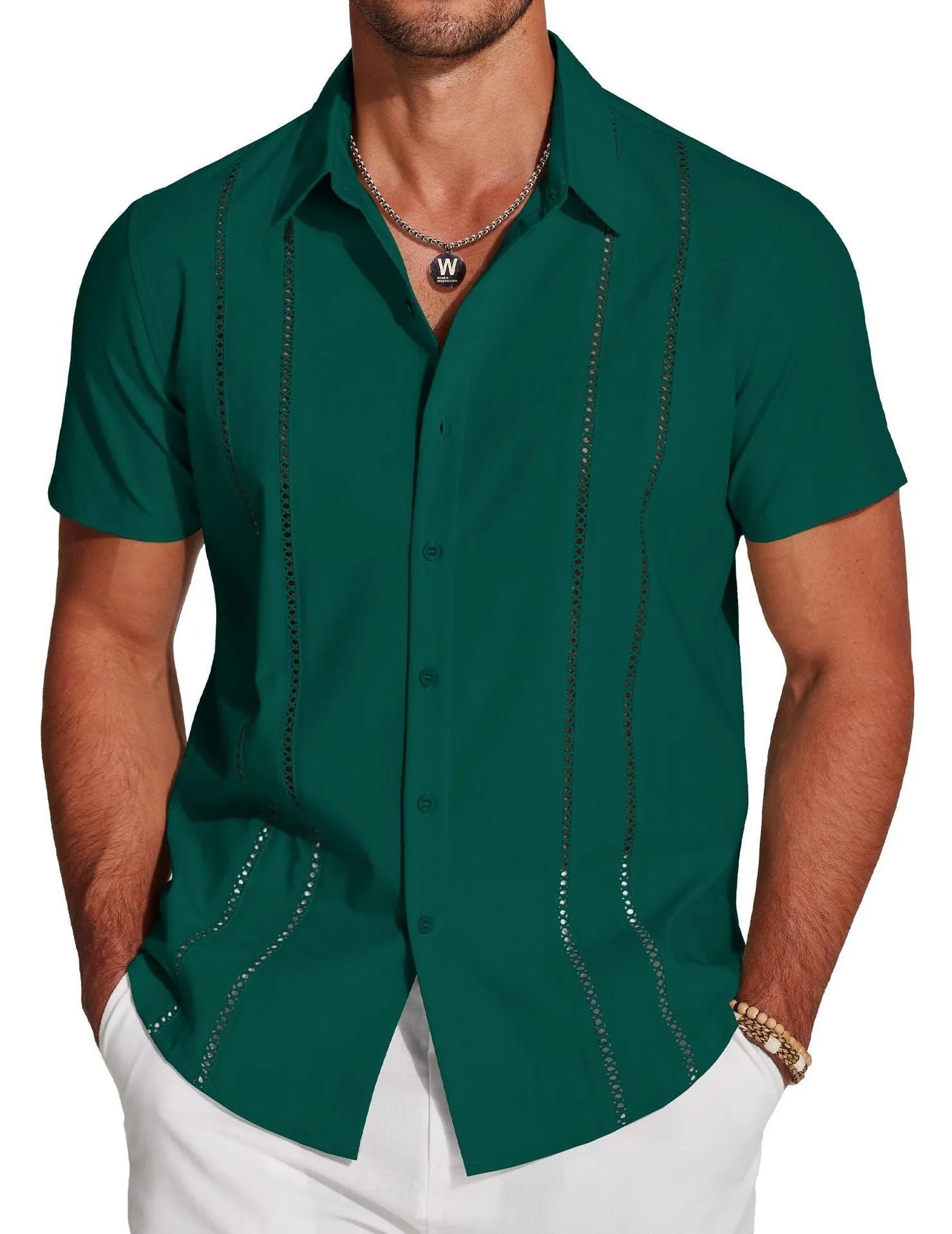 Men's slim fit Hawaiian short sleeve shirt with digital print pattern and elastic band detail.