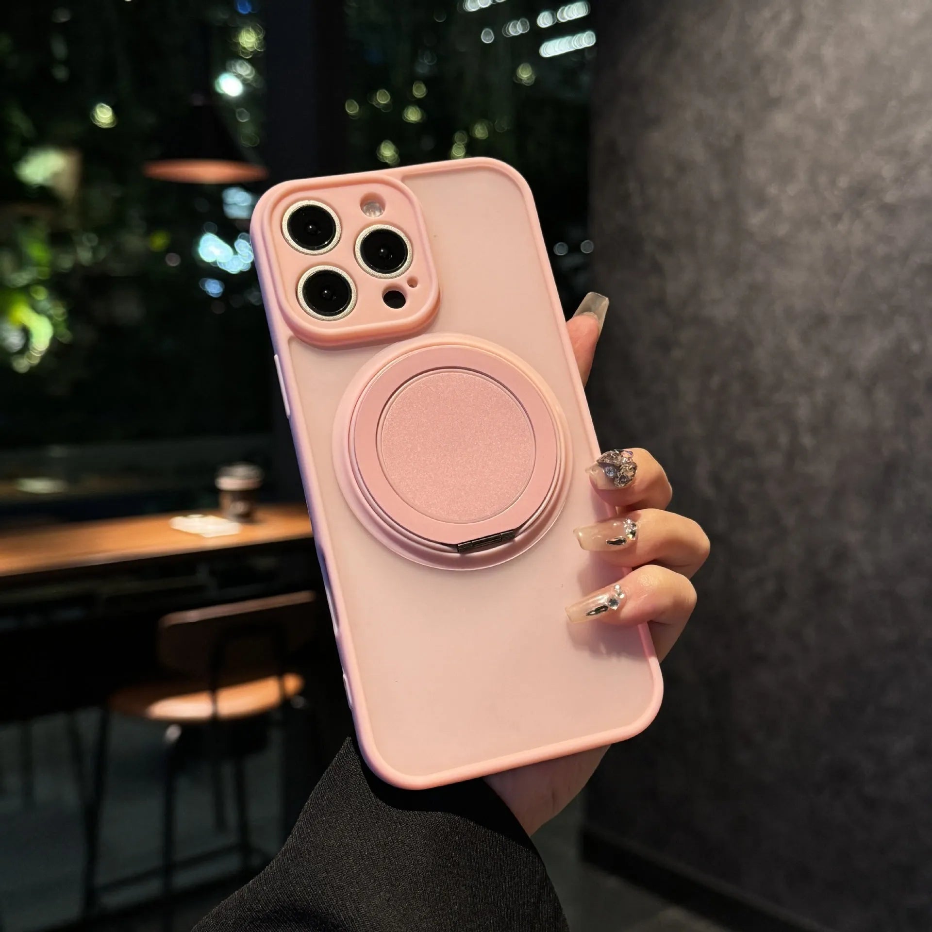 Frosted magnetic rotating bracket phone case for iPhone 17 in multiple colour options showing bracket extended