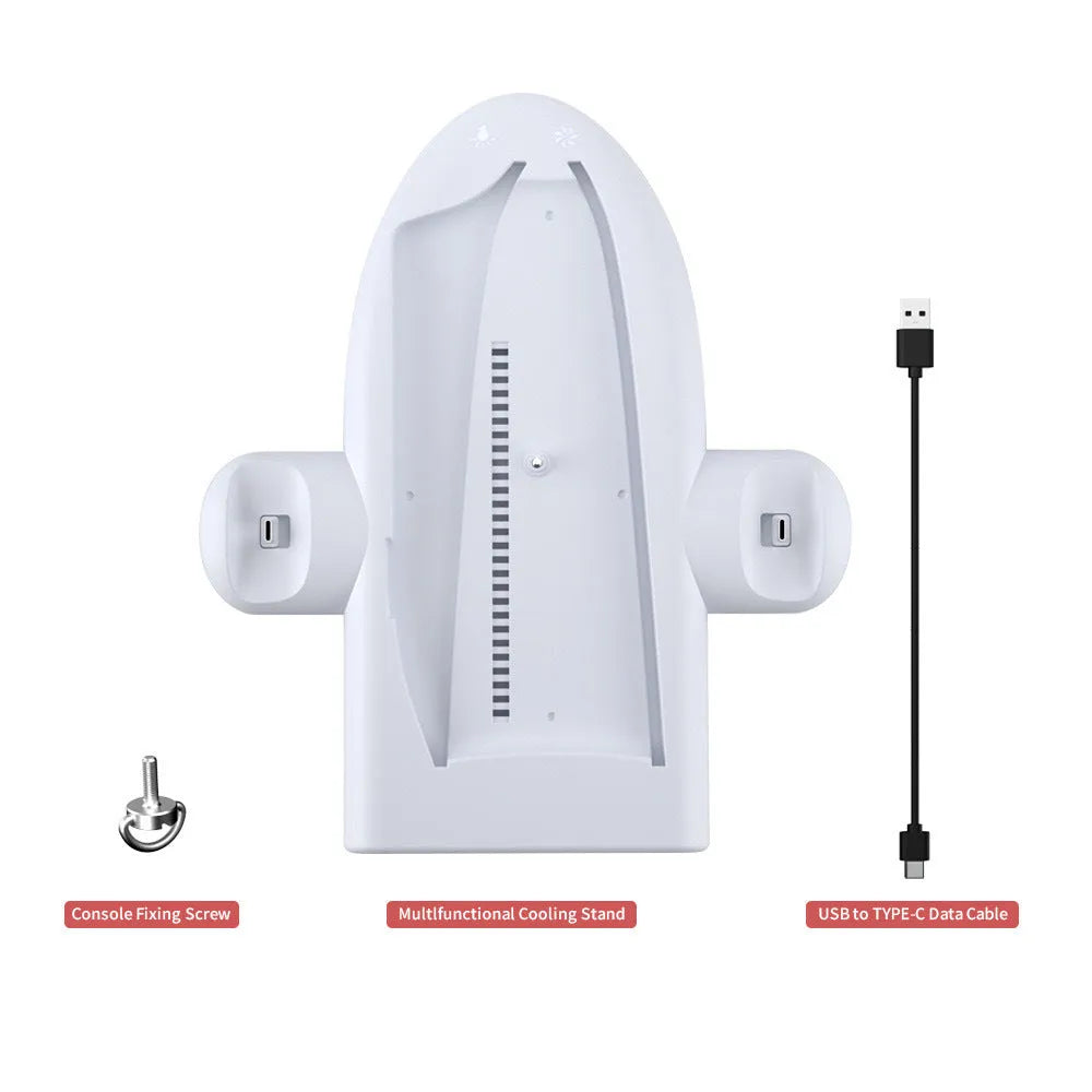 White PS5 Slim multi-function cooler pad with RGB lighting, charging station, and cooling fan