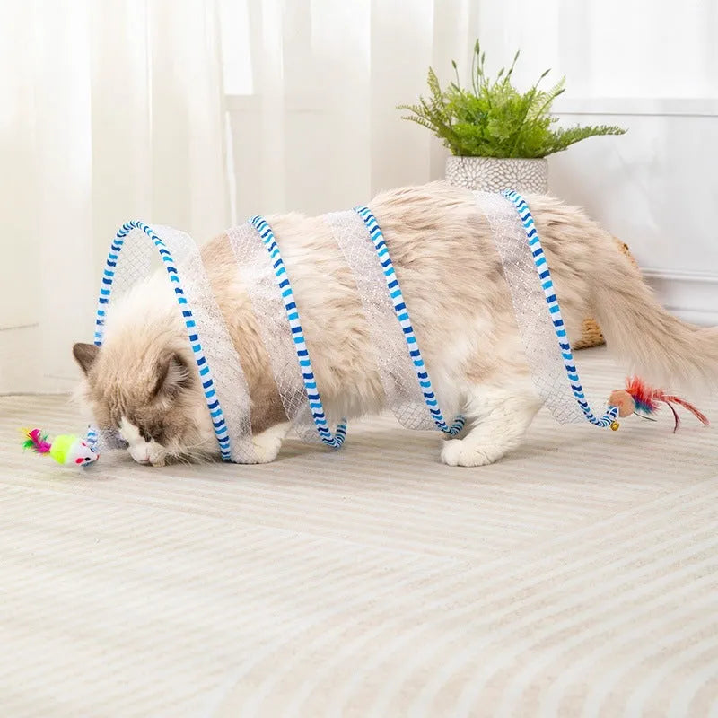 Blue and yellow cat toy set with fabric tunnel and long teasing stick with feathers