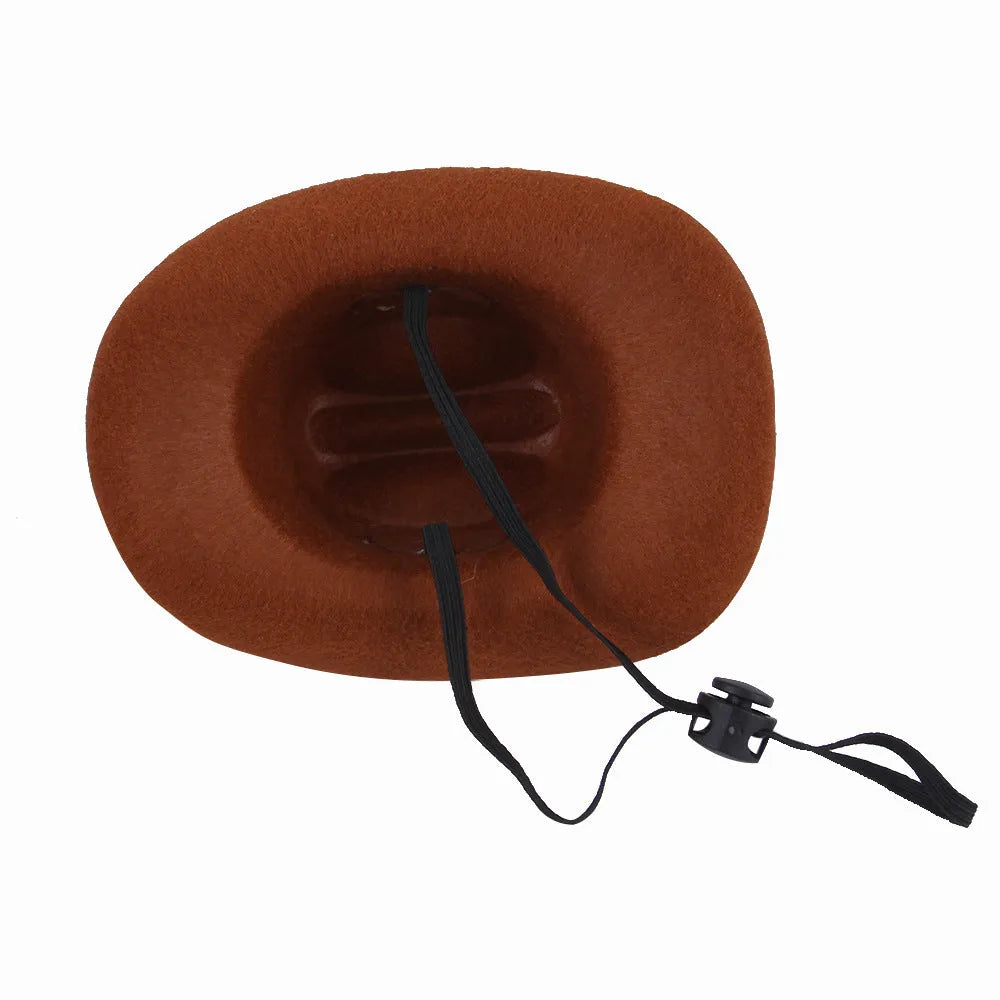 Adjustable dog wearing brown cowboy hat with rounded brim for pet photography