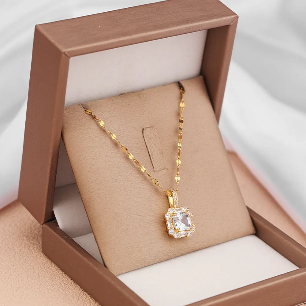 Women's titanium steel geometric clavicle chain with quadrilateral mixed gem pendant on water wave chain