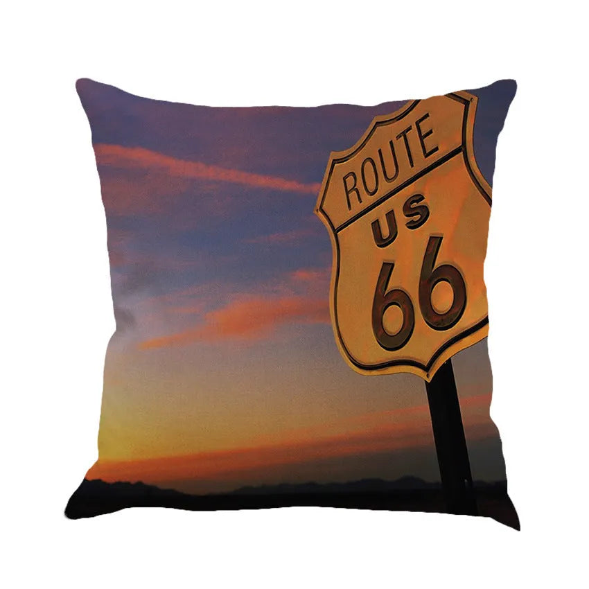 Route 66 landscape pattern linen cushion cover for 45cm square back pillow or car seat.