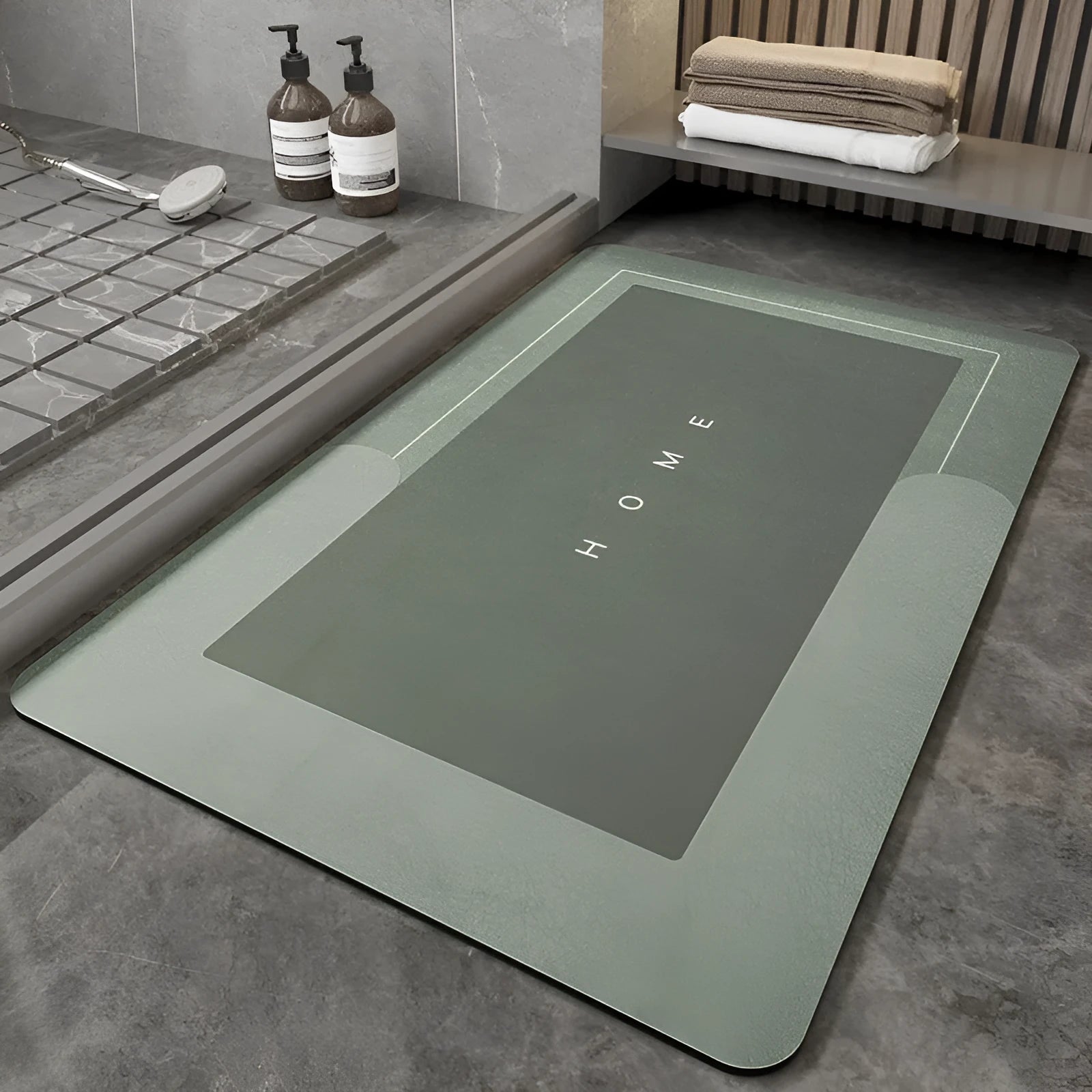 Blended fabric bathroom floor mat in blue, available in oval and rectangular shapes.