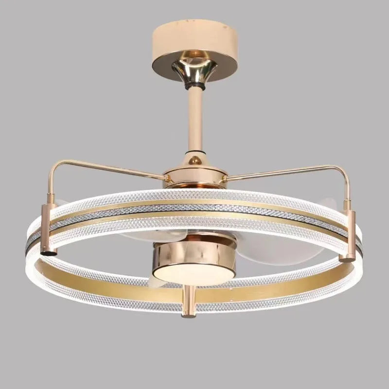 Modern black ceiling fan lamp with acrylic shade and ABS blades, remote control shown.