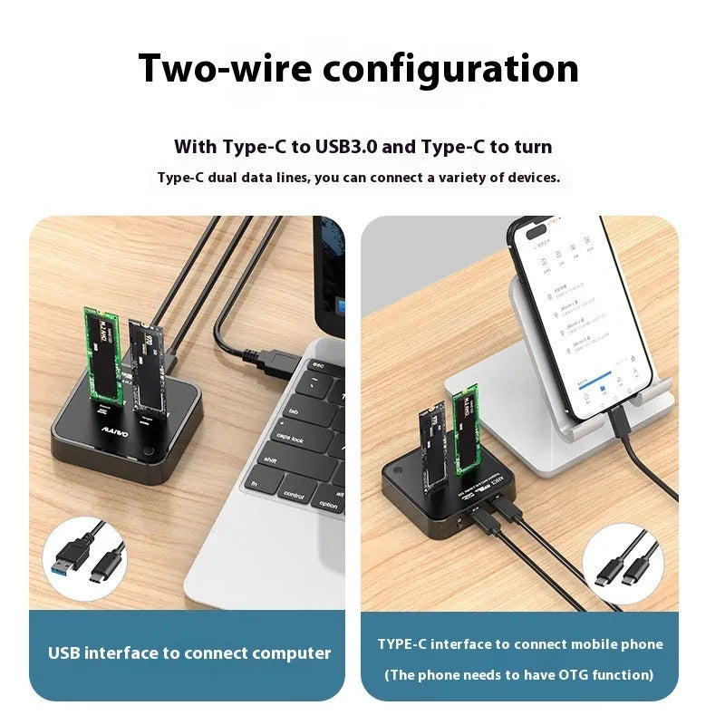 MAIWO K3016 M.2 SSD hard disk docking station with data cables and power adapter on a desk.