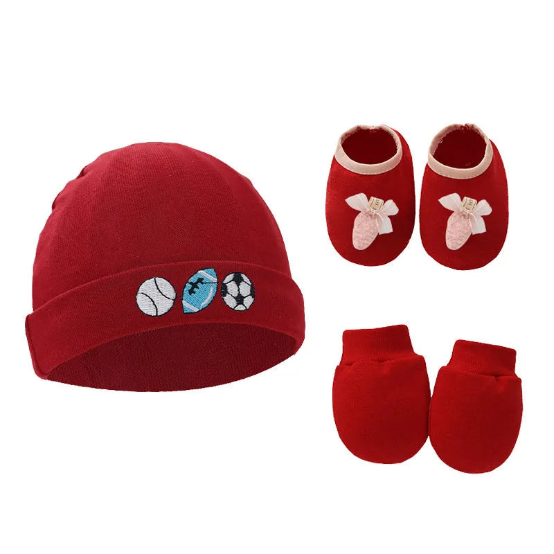 Cotton baby gloves and foot cover set in multiple colours including light blue, navy blue, pink, and camel