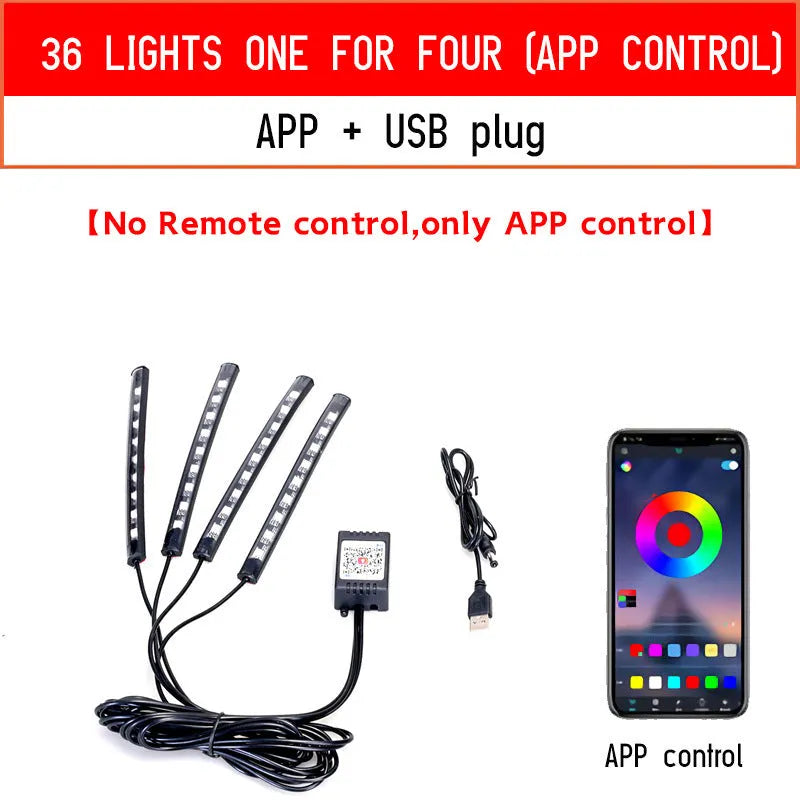 Universal car footwell LED atmosphere light strip with voice and app control for eight colours.