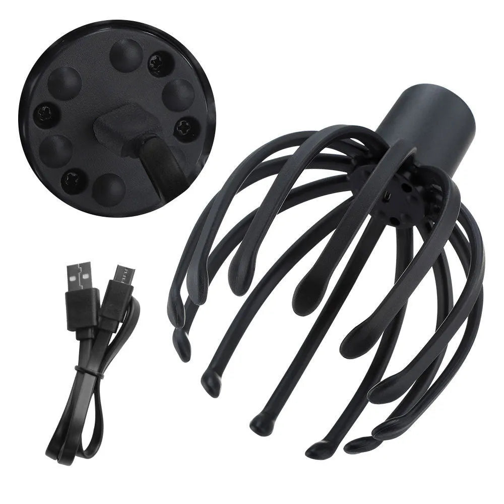 Black electric scalp massager with 12 TPE flexible massage arms and USB charging cable on white background