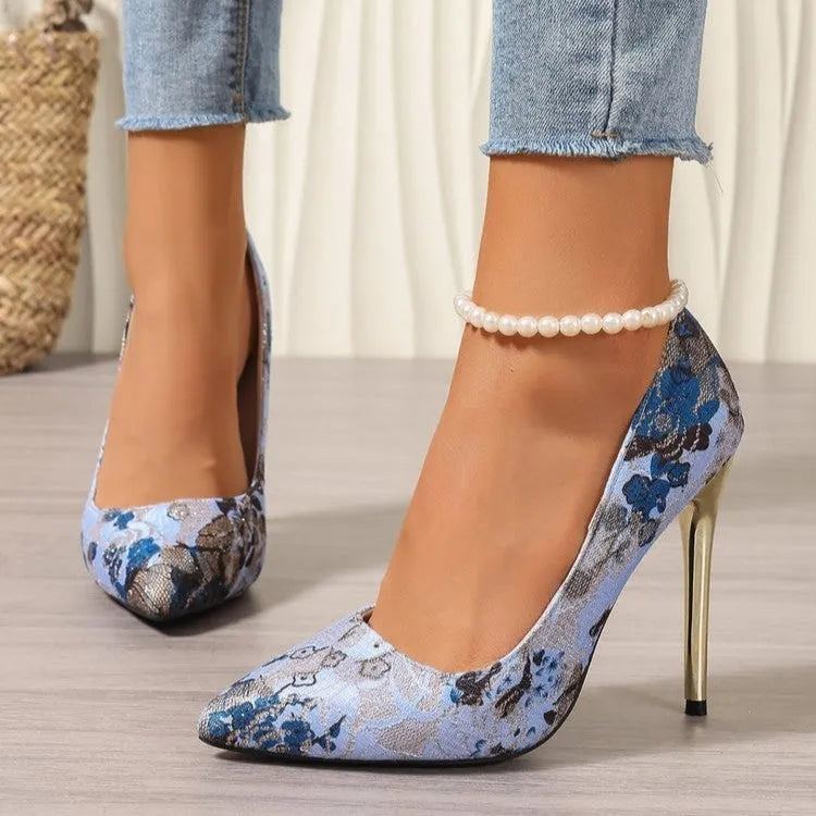 Women's flower stiletto heel cheongsam high heels in white with cloth upper and pointed toe