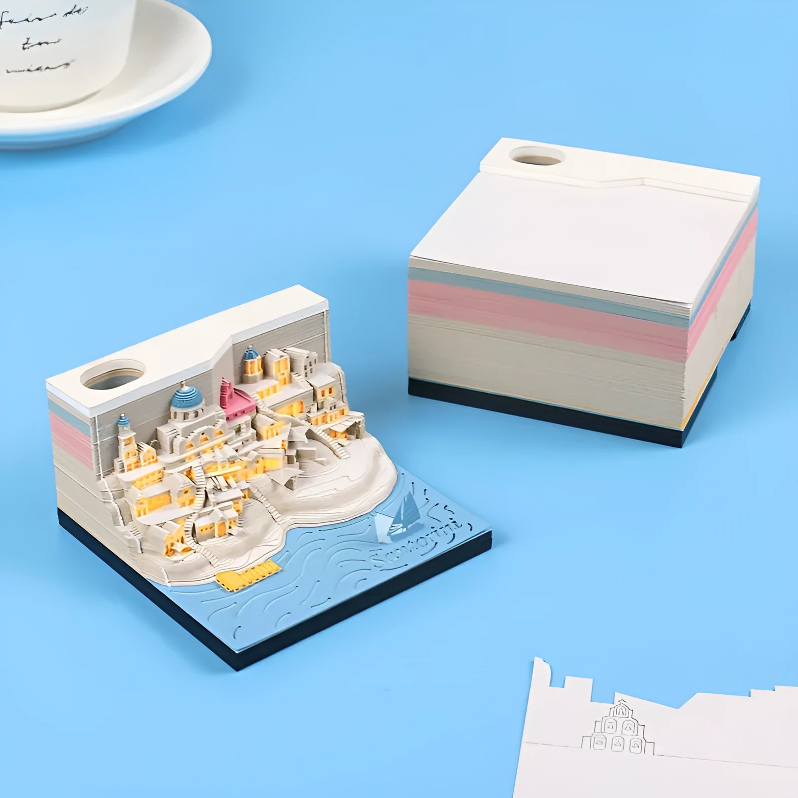 Santorini beach scene 3D paper carving notepad showing architectural model details