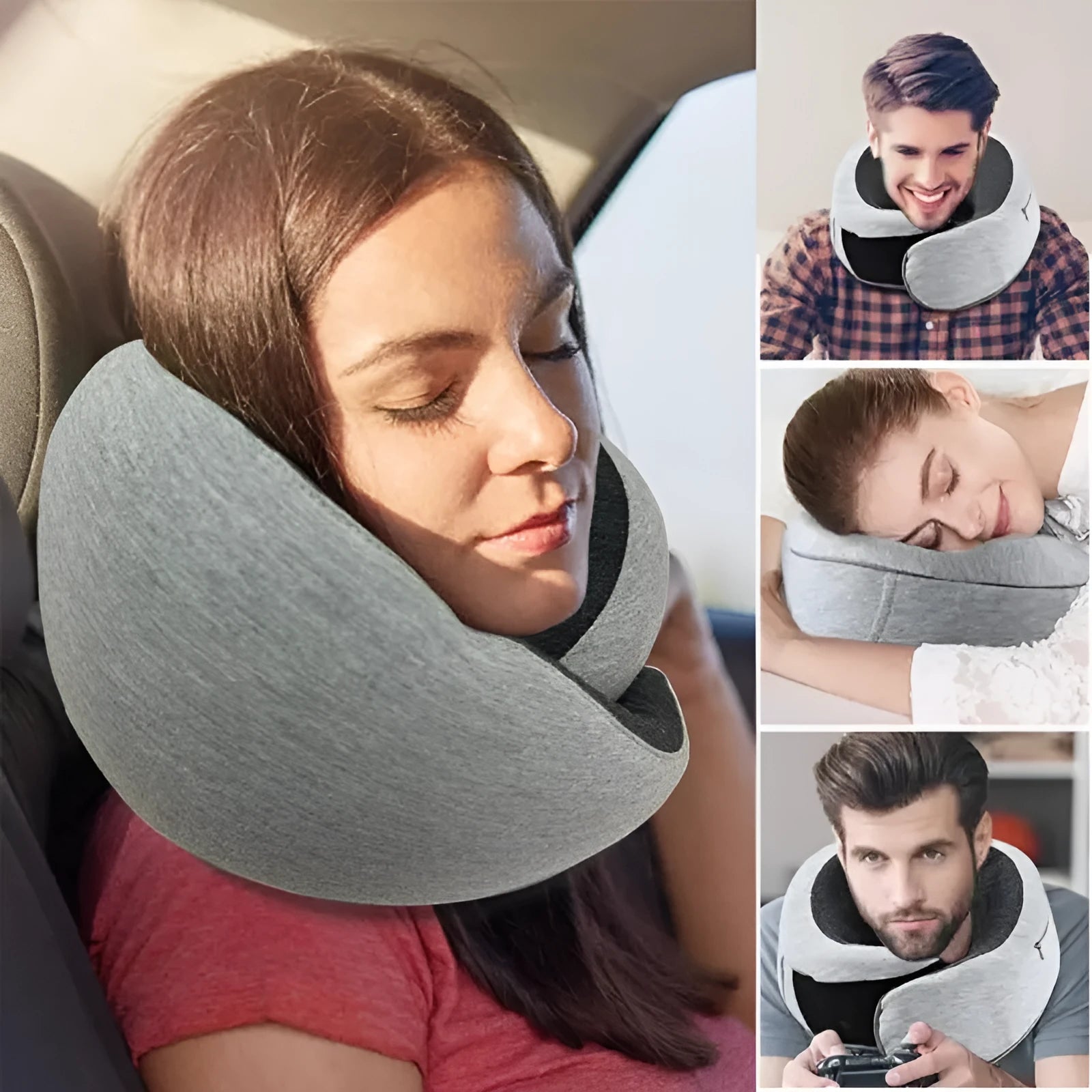 U-shaped memory foam travel neck pillow rolled up next to its carry bag, showing navy blue and grey colour options.