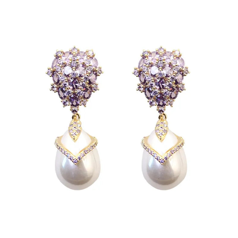 Women's drop-shaped earrings with pearl inlay and zircon stones on 18K copper