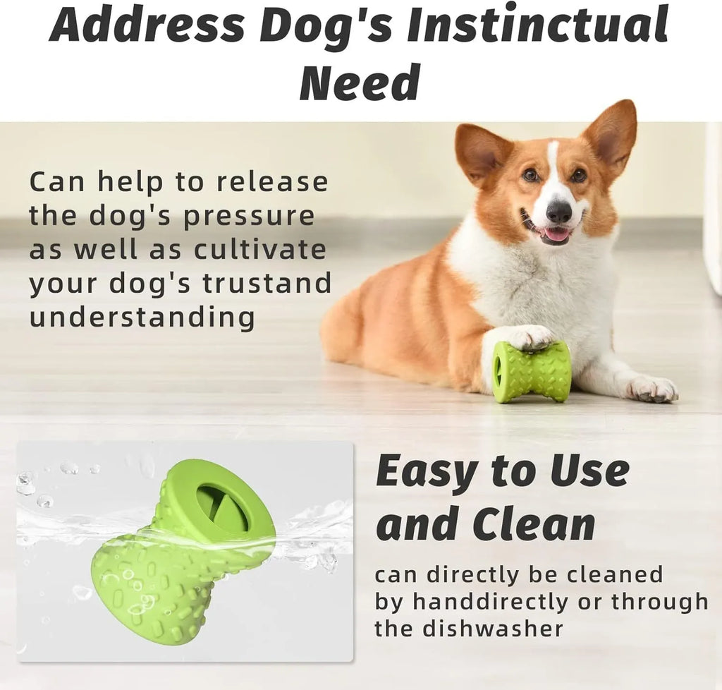 Blue natural rubber treat dispensing dog bone toy with double-sided food leakage holes on white background