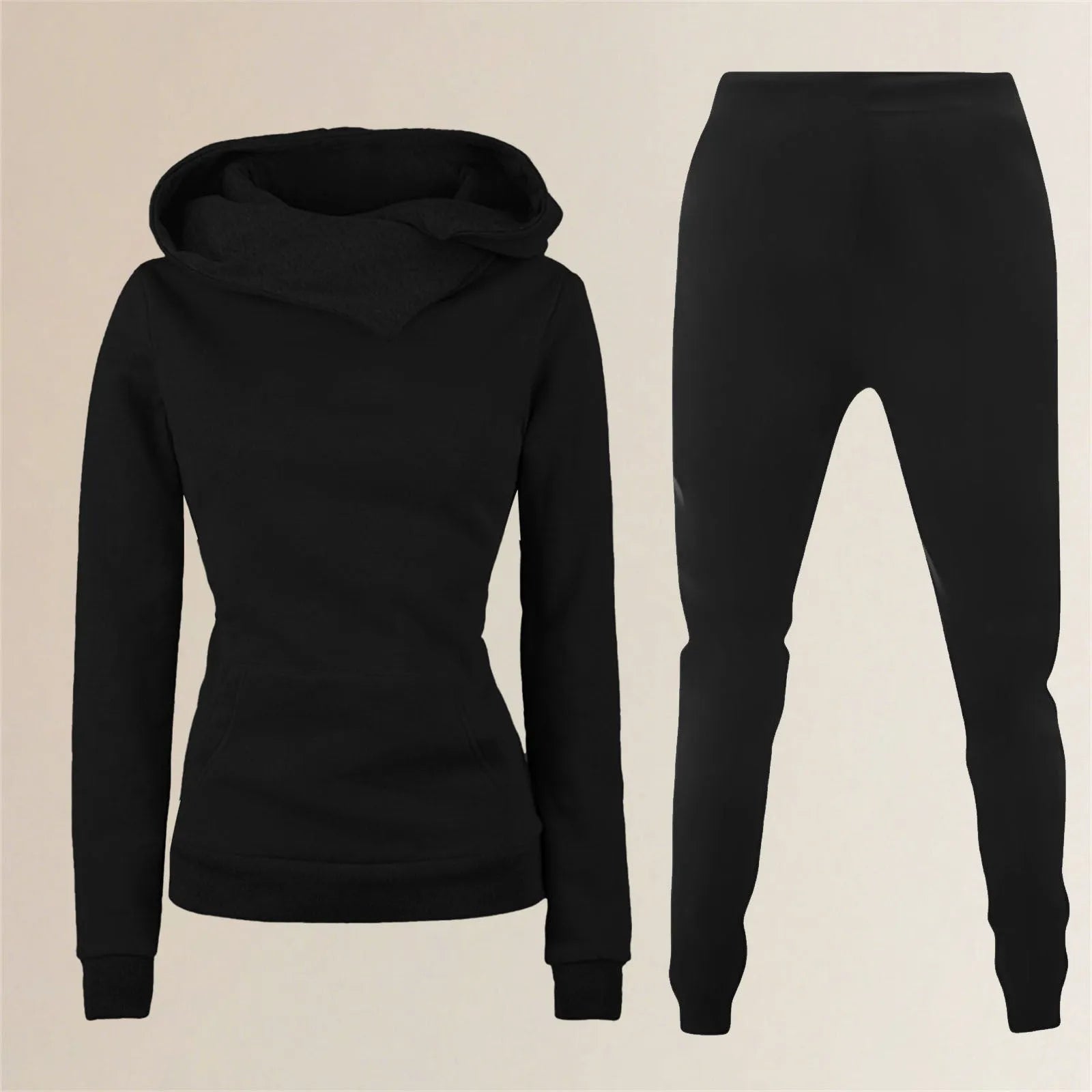 Ladies hooded sweater casual suit two-piece set in solid colour with long sleeves and print, polyester fibre fabric