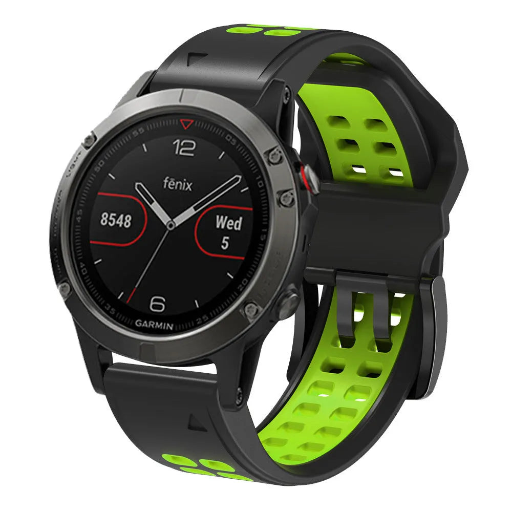 Two-colour quick-release silicone watch strap in black and lime green with pin buckle clasp.