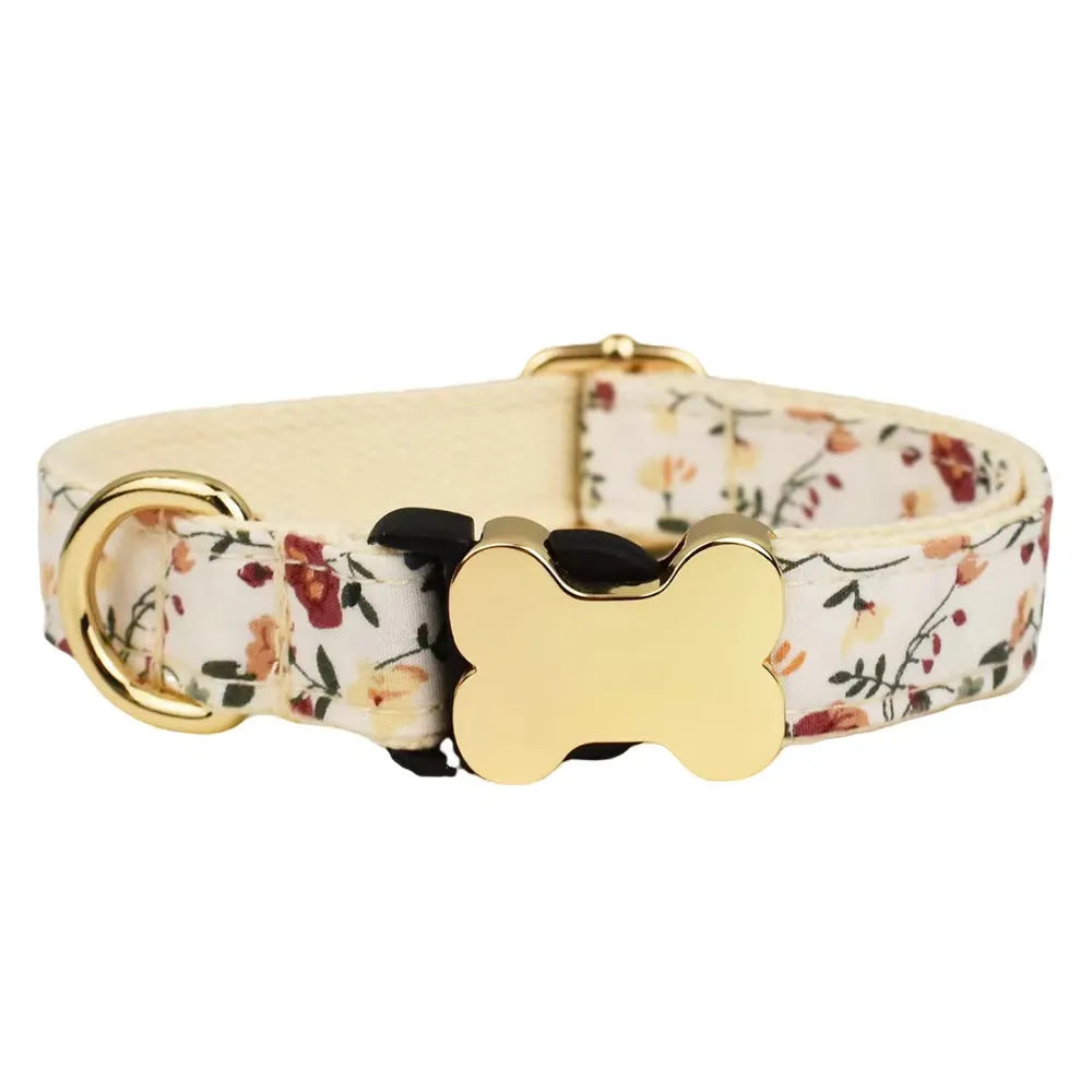 Nylon dog collar with printed grid pattern and bone-shaped metal buckle