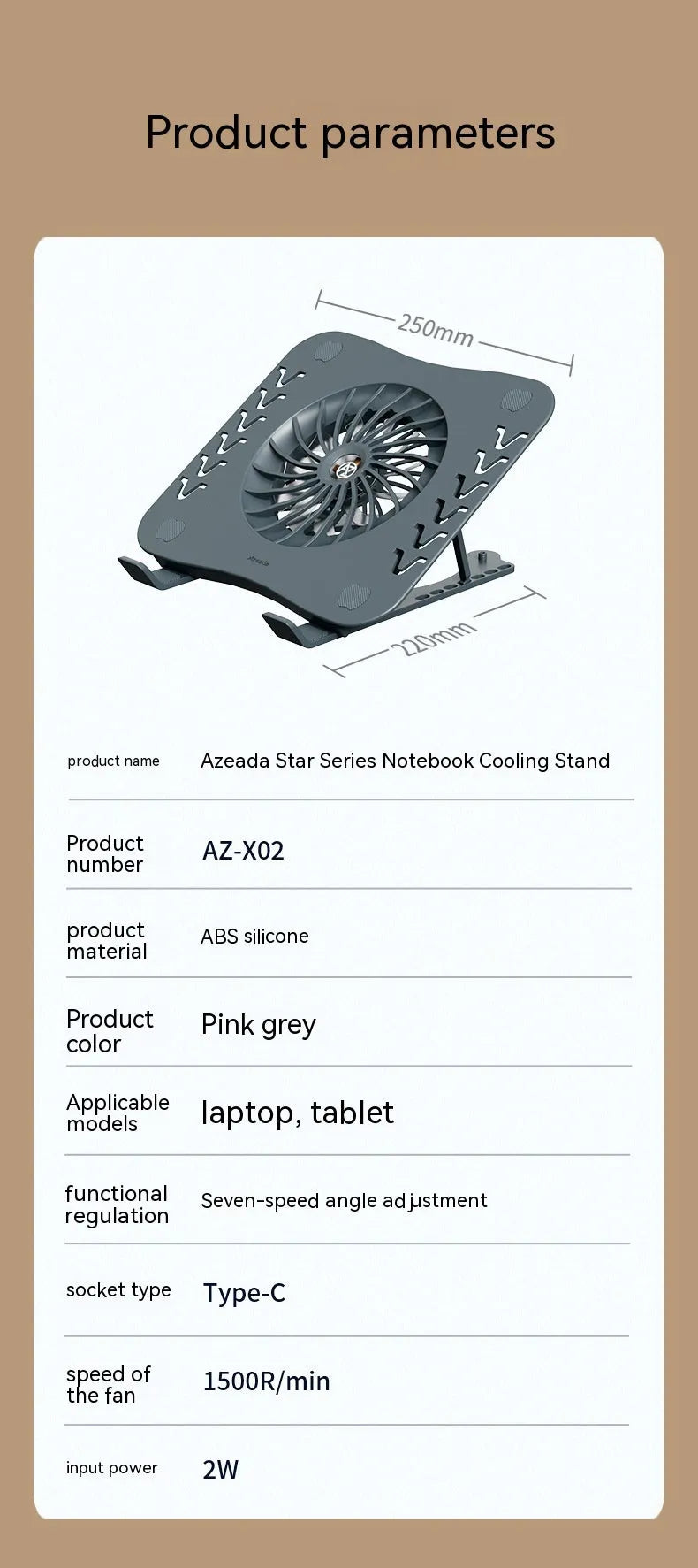 Portable folding notebook radiator cooling stand in grey with charging cable, size 250x220mm