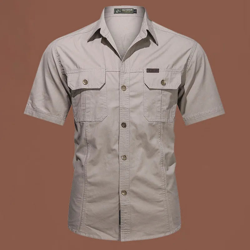 Men's loose-fitting short sleeve cotton work shirt in army green, shown in a cardigan style.
