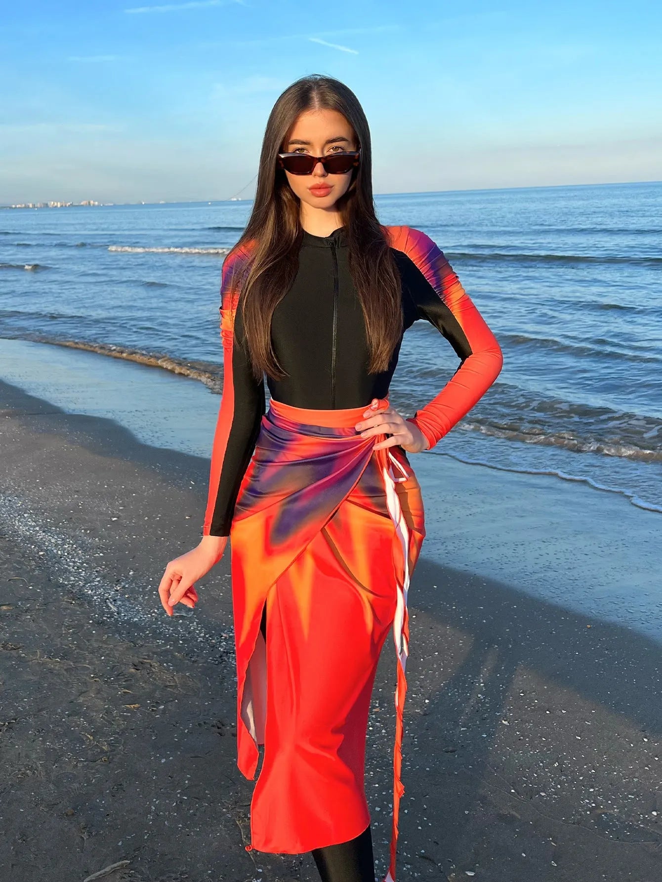 Women's conservative style polyester swimsuit three-piece set in colour 427Style