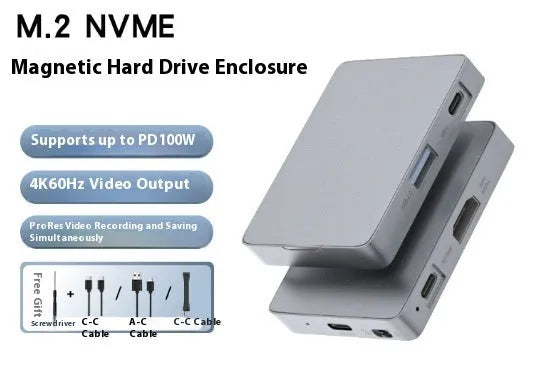 M2 magnetic aluminium hard disk box with USB cable and screwdriver on a surface