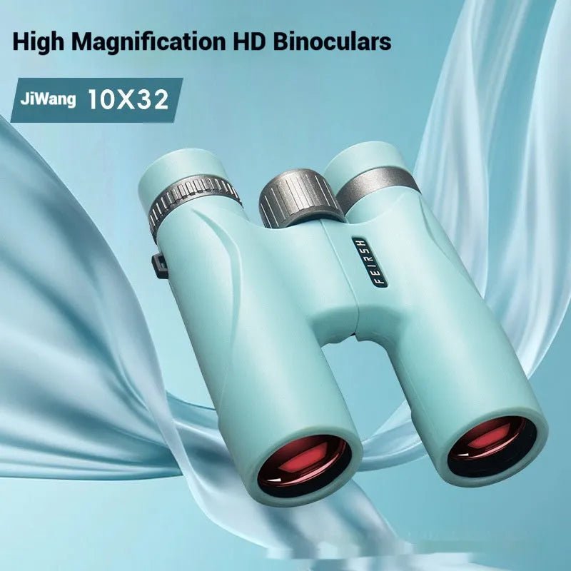 Compact 10x32 binoculars with wine red film imaging in blue or grey plastic housing