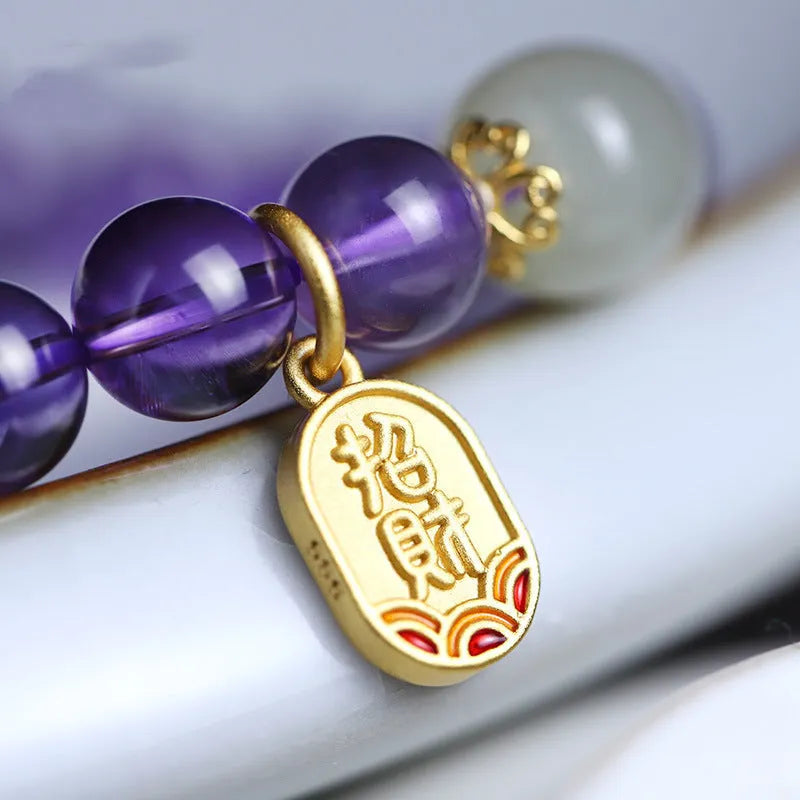 Women's amethyst geometric crystal bracelet with 8mm beads and national style ornamentation