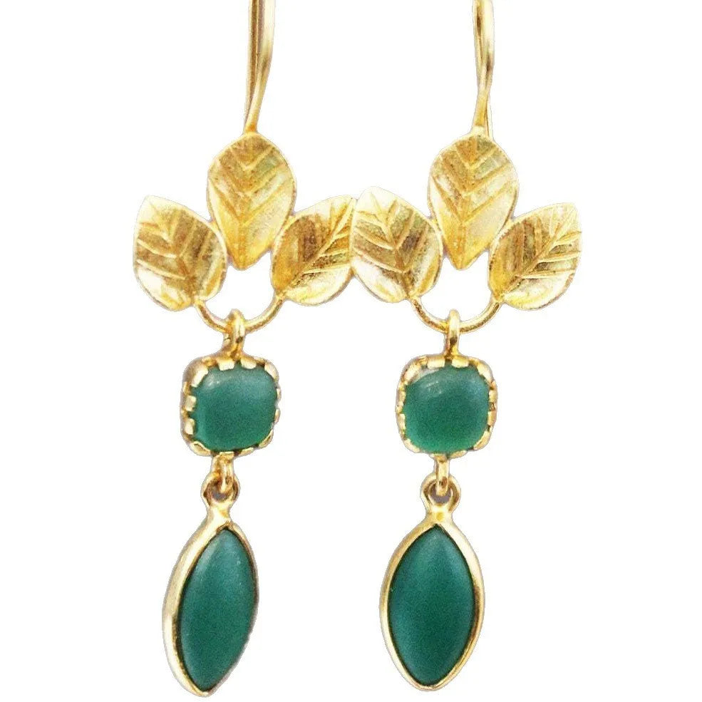 Retro gold copper earrings with drop shape, zircon stones, French leaves and tassel details