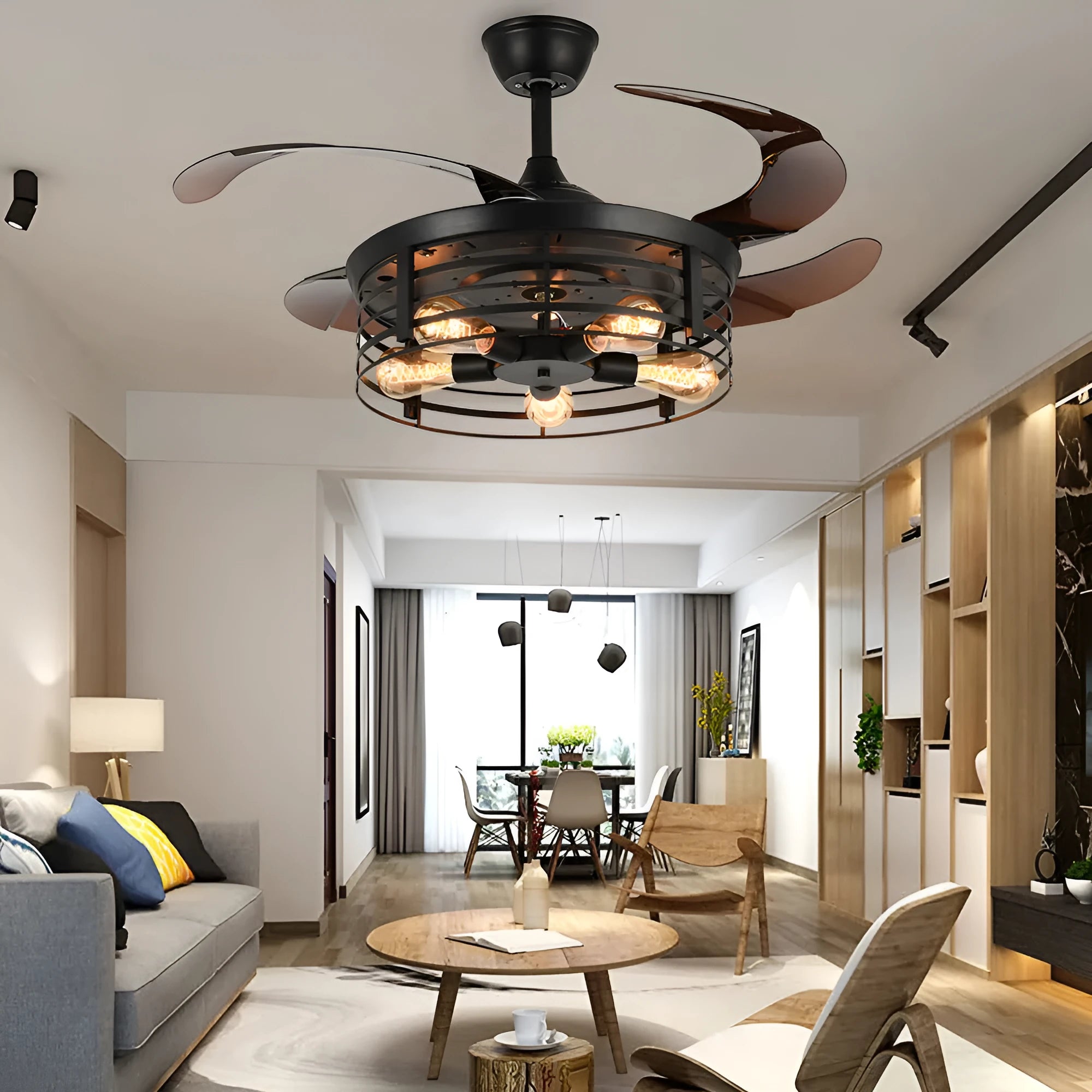 American retro industrial ceiling fan lamp with invisible acrylic blades and remote control