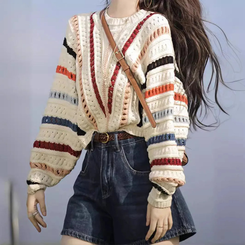 Rainbow striped loose fit sweater with batwing sleeves and round neck in retro colours
