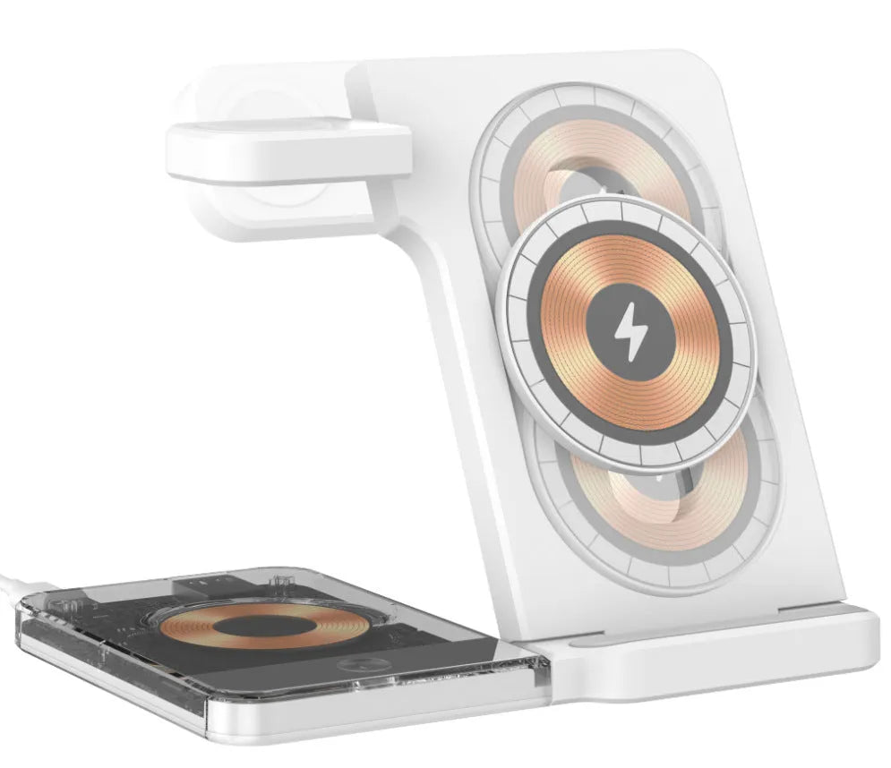 Black foldable three-in-one magnetic wireless charging stand for phones, watches, and headphones on desktop
