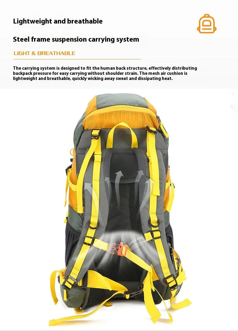 Large capacity foldable nylon mountaineering bag for outdoor hiking, available in blue, red, or yellow