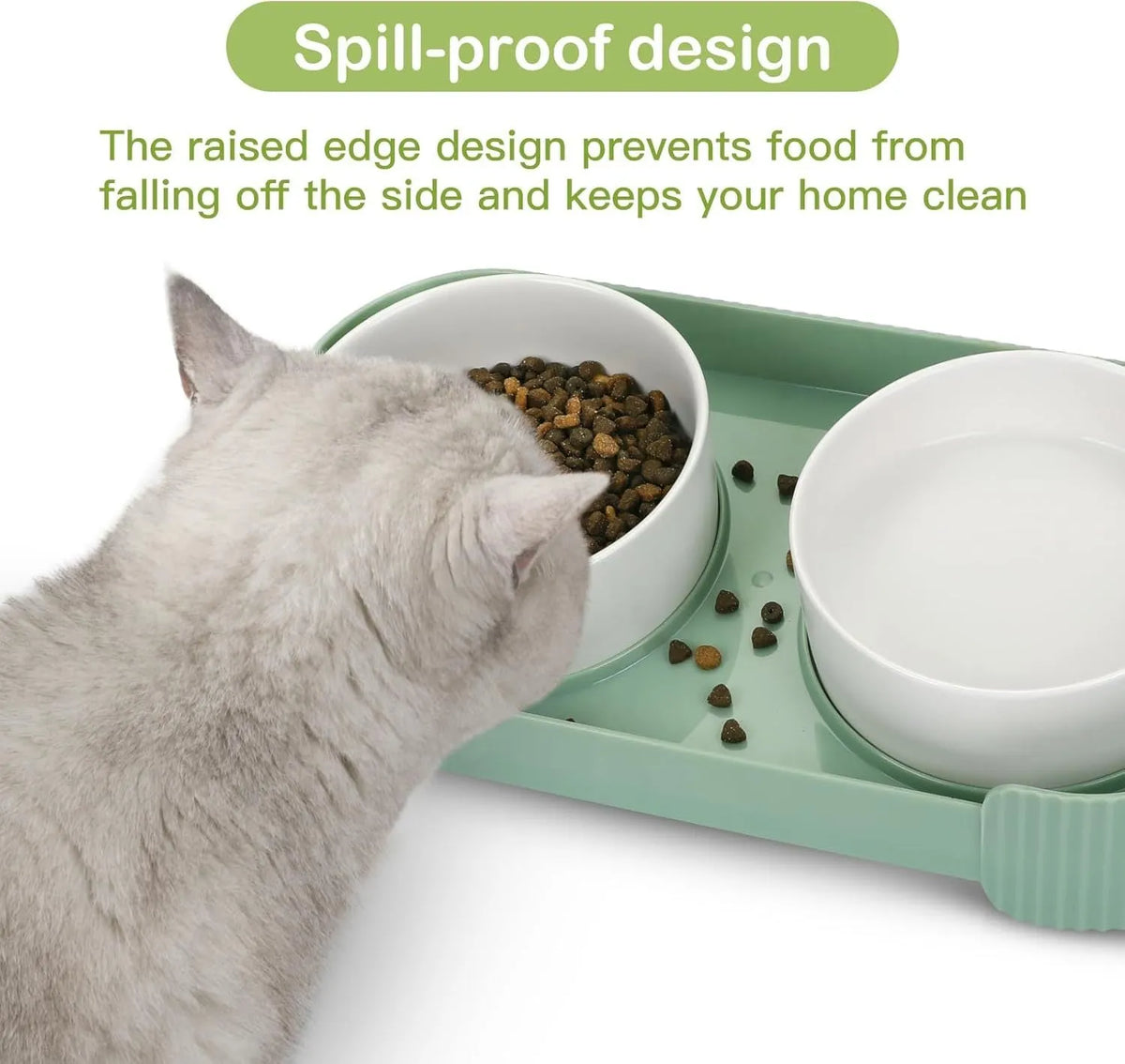 Ceramic elevated cat bowls with 15° tilted stand, green colour, non-slip base, 33x17x6 cm