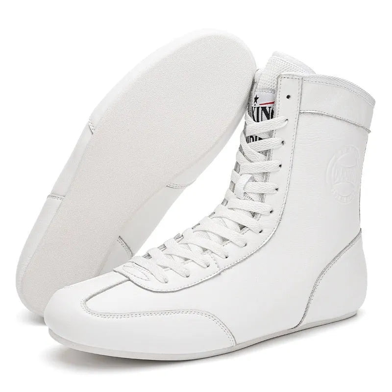 Black gold mesh professional boxing shoes with white leather accents and rubber sole