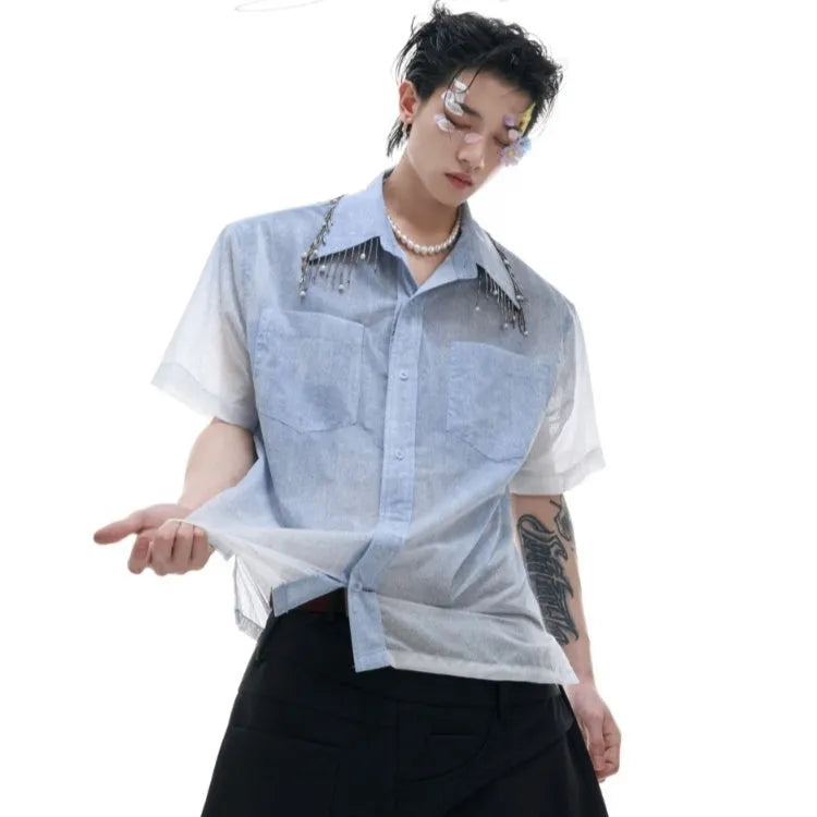 Blue and white gradient short-sleeve loose-fitting shirt for summer casual wear.